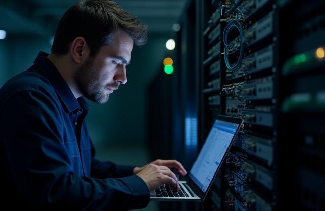 Engineer working on telecommunications equipment with a laptop