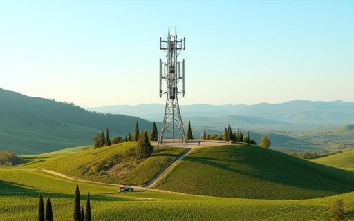 Cell tower infrastructure standing prominently in a rolling Tuscan rural landscape